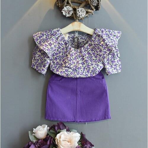 2021 Summer Girls Clothes Set Korean Style Purple Floral Peter Pan Shirt+A-line Skirt Children Clothing Sets Outfit For 2-7Yrs