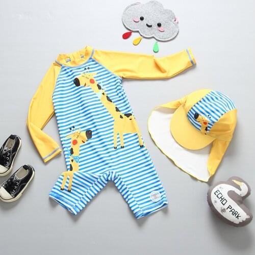 Childrens Swimsuit Boys Swimwear One Piece Quick Dry Beachwear Suits For 2-8years Kids With Giraffe Striped Print High Quality