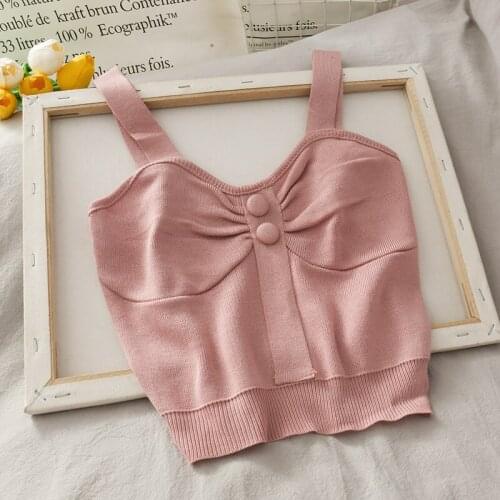 Heliar Summer Women Knitted Crop Top Ruched Front Button Straps Sweetheart Short Top Summer Vacation Going Out Sexy Crop Tops