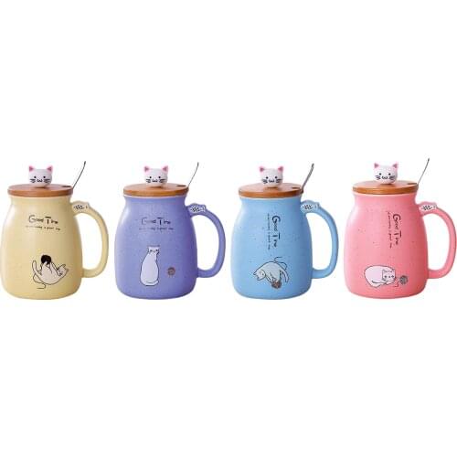 Ceramic Cat Coffee Water Mug with lid and spoon Cup Gifts for Kids Adult