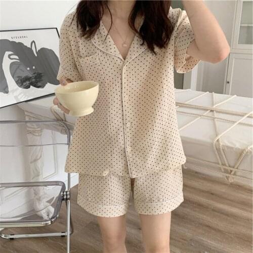 Korean Pyjamas Women Polka Dot Apricot Pajamas Set Short Sleeve Pant Sleepwear Pijamas Suit New Lapel Cardigan Home Clothes