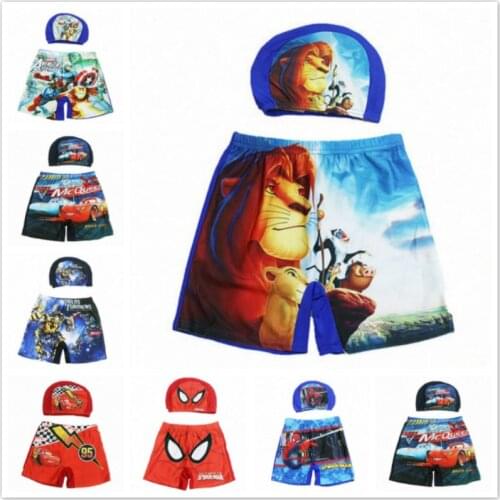 Baby Boy Swimwear Pants Kids Children Swimsuit Shorts Cartoon Spiderman Pixar Cars Lion Printed Toddler Swimming Trunks Cap Sets