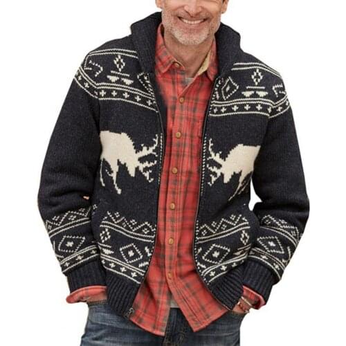 Mens jacket Knitted Coat Elk Pattern Christmas Warm Stand Collar Thick Male Sweater for Winter Mens jacket Plus Size 4XL