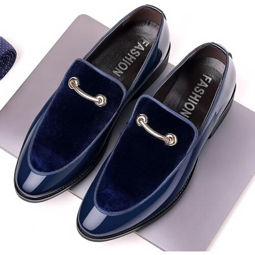 British Style Mens Dress Shoes Faux Patent Leather Loafer Spring Autumn Bussiness Moccasin Black Blue Wedding Shoe Plus Size