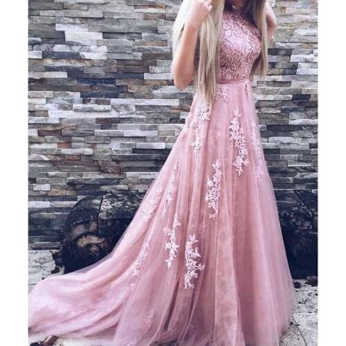 Verngo Evening Dress 2020 A-line Lace-appliques Elegant Tulle Party Dress V-back Robe de soiree formal dress Custom made