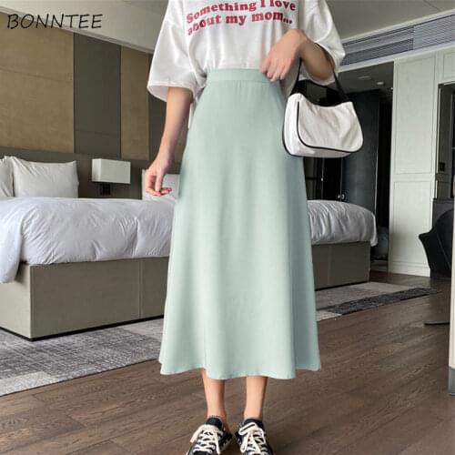 Skirts Women Solid Vintage Office Ladies Elegant Chic Korean Style A-line Summer Long Faldas Mujer High Waist Simple All-match