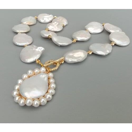 YYGEM Natural Cultured White Coin Keshi Freshwater Pearl Pendant Necklace 18.5" wedding for women Toggle clasp
