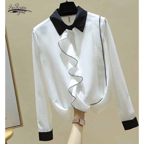 Women Lapel Splicing Tops Autumn Black and White Stitching Long Sleeve Blouses Cardigan Chiffon Shirts for Women Blusas 11510