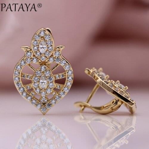 PATAYA New Wedding Luxury Hollow Dangle Earrings 585 Rose Gold Horse Eye White Natural Zircon Women Lovely Cute Fashion Jewelry