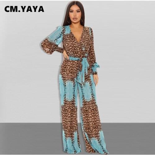 CM.YAYA Women Casual Jumpsuit Print Bandage Sashes Loose Wide Leg Jumpsuits Fashion One Piece Overalls Female Rompers Autumn