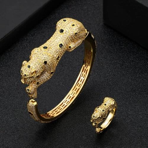 Zlxgirl jewelry Classic Leopard shape animal bangle with ring jewelry sets fashion womens Full round zirconia bracelet bangle