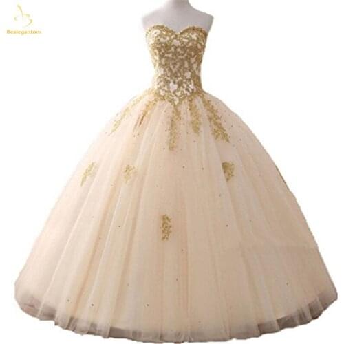 Bealegantom New 2019 Gold Appliques Ball Gown Quinceanera Dress 2019 Sparkle Crystal Tulle Debutante Sweet 16 Party Dress QA1485