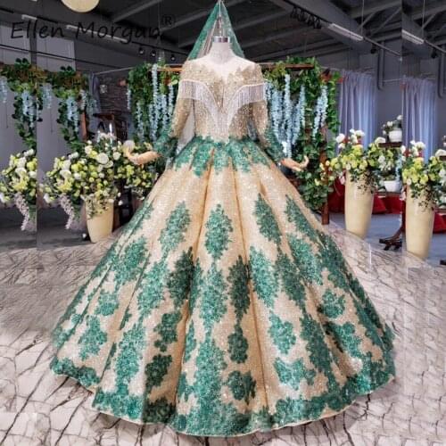 Saudi Arabia Gold Long Sleeves Wedding Dresses 2020 Glitter Vintage High Neck Fringe Beads Vestido De Novia Lace Bridal Gown