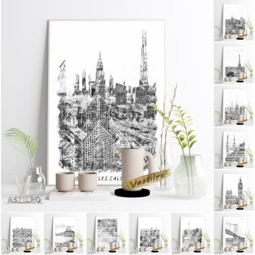 Famous Tourist Attractions Black White Sketch Poster World City Travel Landscape Painting Wall Art Decor Housewarming Gift Idea