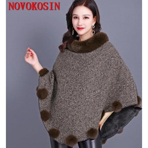 2021 Spring Autumn Fur O Neck Capes Women Faux Fur Ball Poncho Triangle Pullover Batwing Sleeves Lining Velvet Thick Warm Coat