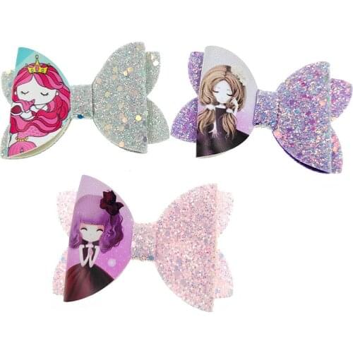 6pcs/lot 2layers Glitter Leather PU Printed Princess bows DIY Handmade bows childrens Headdress accessories