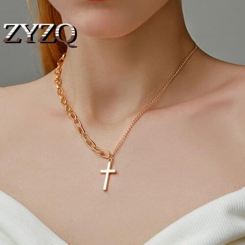 ZYZQ Trendly Cross Chain Necklace For Women Personality Female Gold Color Pendant Necklaces Jewelry Christian Statement Necklace