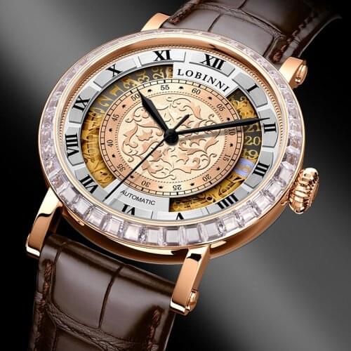 Lobinni Luxury Brand Men Mechanical Watch Automatic Wristwatch Male Retro Diamond Clock Leather erkek kol saati Gents Gifts