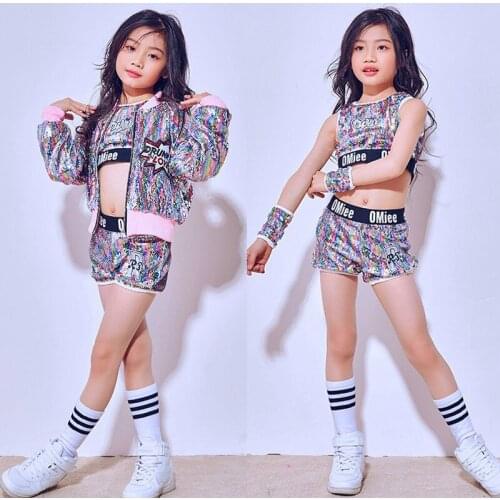 Childrens Party Show Sequined Modern Jazz Dance Costumes Kids Hip Hop Dancewear Outfits Girls Jazz Dancing Performance Costumes