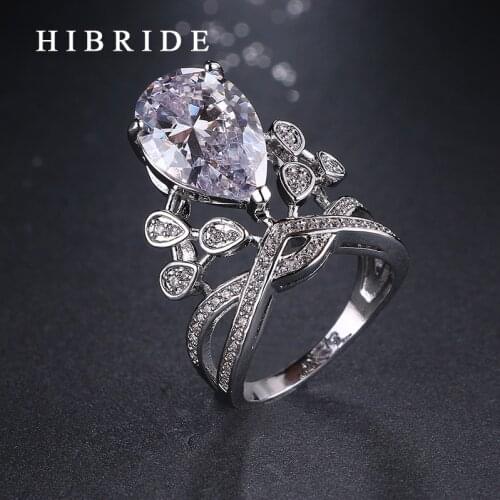 HIBRIDE Brand Classic Water Drop Shape AAA Cubic Ziconia Rings,White Gold Color Anniversary Rings For Women Jewelry QSP0010-10