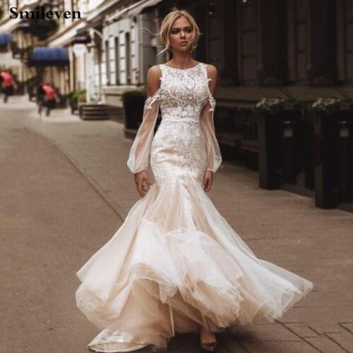Smileven Lace Bohemian Wedding Dress 2021 Puffy Tulle Mermaid Bridal Gowns Puff Sleeve Vestido De Noiva Button Wedding Gowns