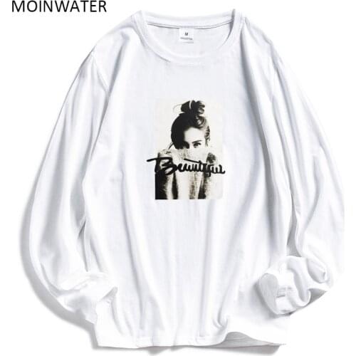 MOINWATER New Women Fashion Long Sleeve T shirts Female Cotton White Tees&Tops Lady High Street Casual Black Tshirt MLT1904
