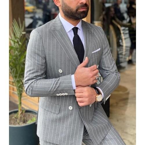 2020 Silver Grey Men Striped Suits Notch Lapel 2 pieces Double Breasted Groom Tuxedos Prom Jacket For Wedding (Blazer+Pants)