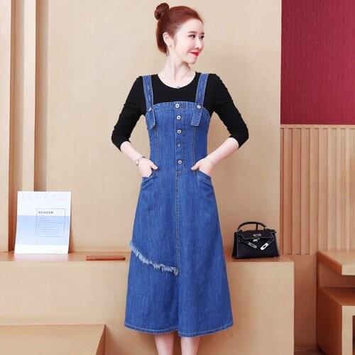 New Summer Women Dresses Casual Loose Collect Waist Slim Button Burr Solid Strap Jeans Dress For Females Vest Denim One-Piece