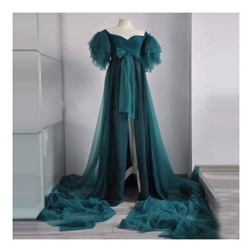 Charming Green Tulle Maternity Gowns Short Sleeves Pleated Long Length With Waistband Plus Size Photo Shoot Dresses
