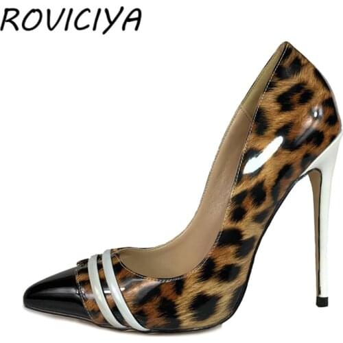 Sexy Women Grey Glitter Pumps 12 cm High Heels Woman Pointed Toe Shallow Wedding Dress Shoes Leopard QP039 ROVICIYA