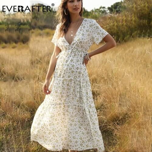 EVERAFTER Elegant V-neck Floral Print Wrap Women Dress 2021 Casual High Waist Ruffles Drawstring Summer Holiday Beach Maxi dress