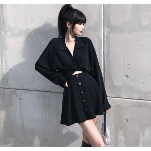 Ruibbit New Arrival Hot Sale Spring Autumn Punk Gothic Black Dress Fashion Long Sleeve V collar Female Sexy Slim Dresses