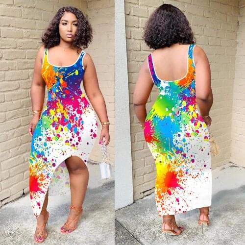 Tank Sleeveless Sexy Slit Long Dress Fashion Ink Printed Backless Bodycon Dresses Women Casual Clothing Summer Vacation Dress