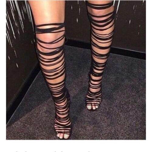 Hot selling solid color multi thin strap crisscross high heel knee high sandal boots fashion cut-outs back zipper sandals boots
