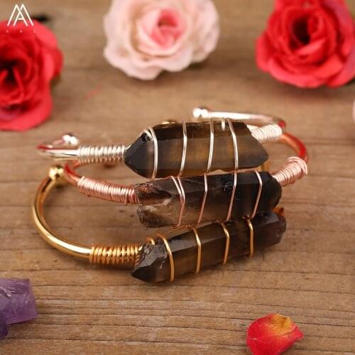 Wire Wripped Quartz Beads Gold Bracelets Jewelry Women Natural Smoky Color Quartz Stick Point Beads Open Cuff Bangle Bracelets