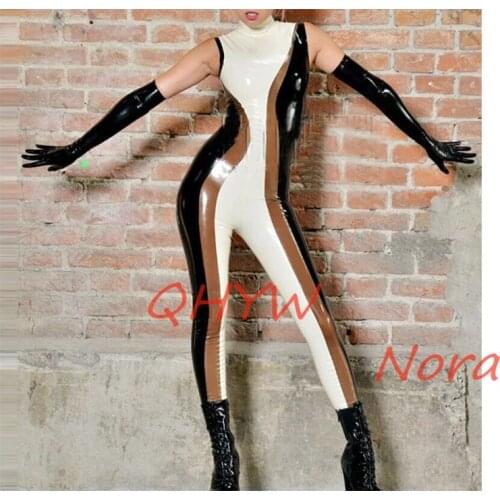 Handmade Rubber Latex Catsuit Women Sleeveless Black Brown and White Bodysuit Size XXS-XXL