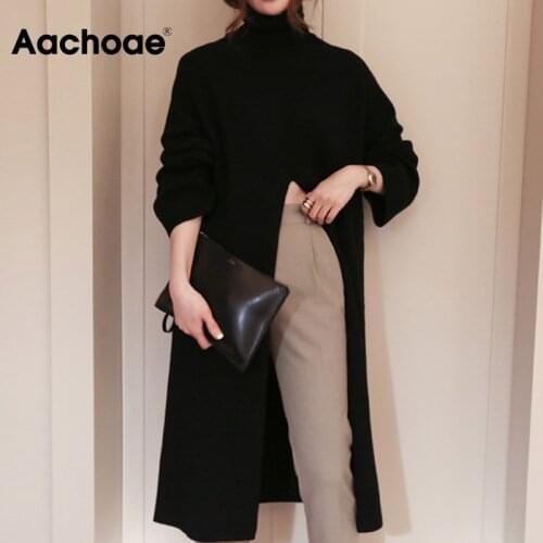 Aachoae Fashion Knitted Turtleneck Long Sweater Women Front Split Office Solid Pullover Autumn Winter Elegant Jumper Sweaters