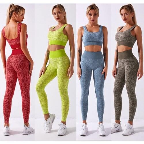 Yushuhua Leopard Pattern Shockproof Bra+Quick-drying Tights Womens Seamless 2-Piece Set Gym Clothing Yoga Set Sportswear
