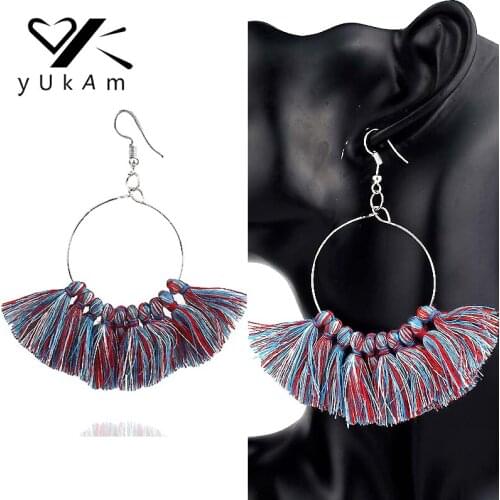 YUKAM Bohemian Ethnic Jewelry Long Cotton Tassel Fan Earrings Vintage Dangle Drop Earrings for Women Exaggerated Tassle Earrings