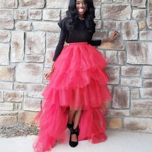 Trendy Hi Low Formal Skirts Jupe Femme Tulle Tutu Length Hot Pink Woman Brand Vestidos For Wedding Saias Longa