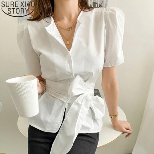 Women Cotton White Shirt Korean Chic Summer Temperament O-neck Office Lady Button Up blouse Lace Up Puff Sleeve Top Shirts 14840