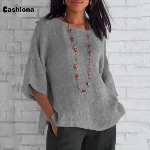 Cashiona Plus Size 5xl Women Casual Shirt Three Quarter Sleeve Blouse Cotton Linen Basic Tops 2021 Summer Loose Shirts Femme