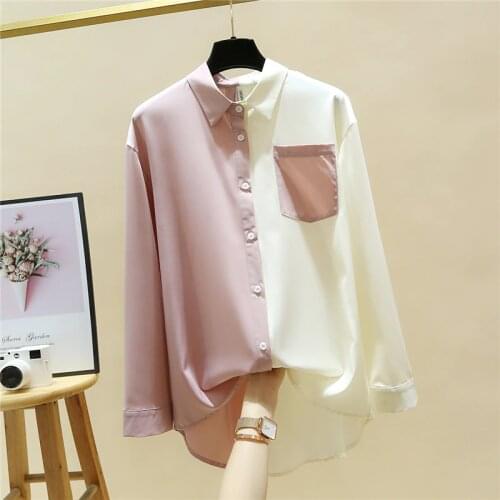 New Hit 2021 Spring Shirts For Women Turn Down Collar Long Sleeves Two-tone Pocket Loose Chiffon Shirt Tops Office Lady Blouses