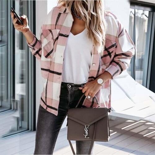 Womens Outerwear And Coats Autumn Winter New Long Sleeve Turn-down Collar Plaid Print Female Casual Elegant Jacket Feminine