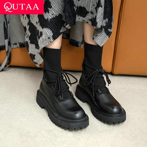 QUTAA 2022 Women Ankle Boots Black Elegant Women Shoes Platform Leather Knitting Med Heel Winter Shoes Women Boots Size 34-40