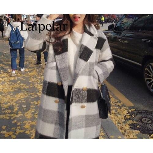 Laipelar New Autumn Winter Cashmere Trench Jacket Women Casual Black White Plaid Coat Thickness Warm Button Pocket Jackets