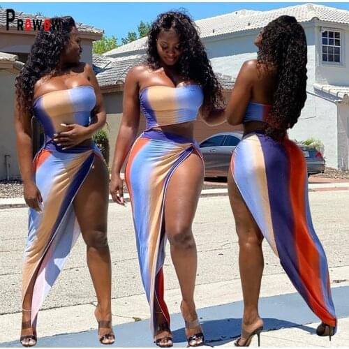 Prowow Women Clothing Set Corset Tops Panty Maxi Skirt Three Piece Matching Print Suits 2021 New Summer Casual Female Beachwear