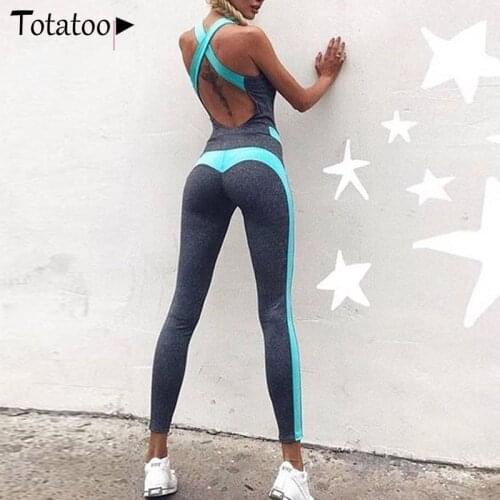 Totatoop Fashion Colors Patchwork Sporty Legging Women 2020 Summer Backless Tight Skinny Running Set Jumpsuit Casual Overalls