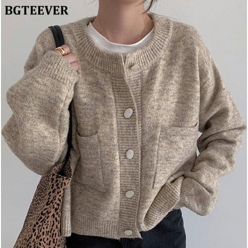 BGTEEVER Autumn Winter O-neck Warm Loose Women Knitted Cardigans Long Sleeve Single-breasted Female Open Stitch Sweaters 2021