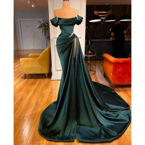 Sexy Long Satin Sleeveless Teal Green Prom Dresses Beaded Mermaid Corset Back High Slit Abendkleider Robes de Soirée for Women